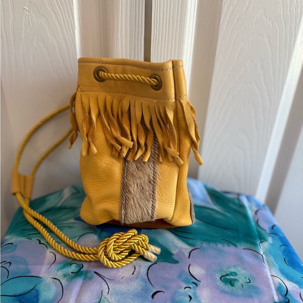 Fringed Yellow Leather Bucket Bag